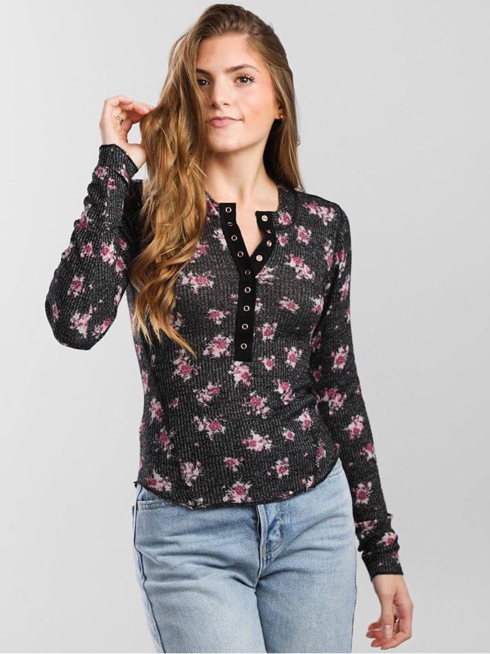 Free People One of the Girls Henley - Black with Pink Floral Small